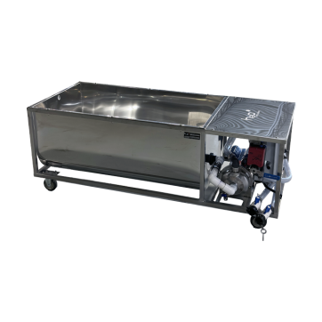 Deluxe pan washer basin (85 US gal.) with 5HP pump, built-in filters, dual flue pan outlets with sequence timer (surface + deep CIP), dual syrup pan outlets – 66-1/4" x 28-1/2" frame on wheels.